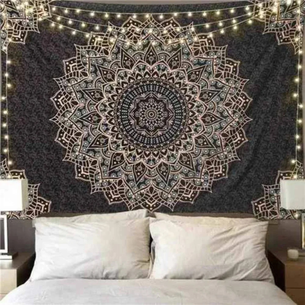 Black Mandala Tapestry WallHanging Psychedelic Aesthetic Indian Hippie WallDecor